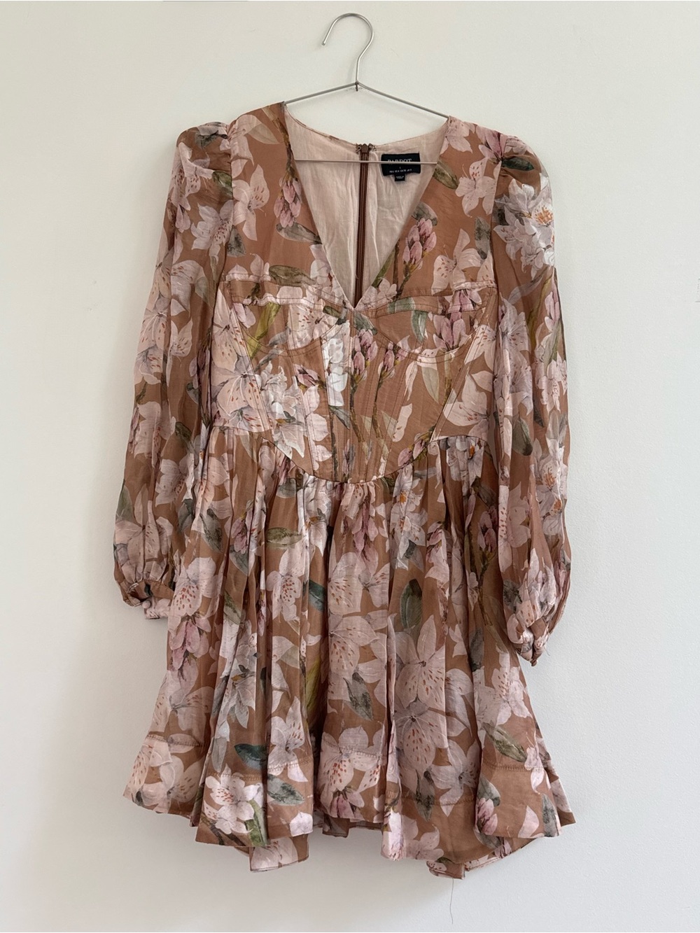 Bardot Floral Brown Pink Mini Dress